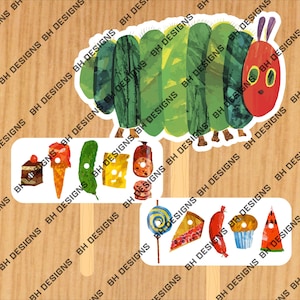 May include: A vibrant illustration featuring a green caterpillar with a red head and a selection of food items. The image includes cake, ice cream, cheese, and other treats. The background is a wooden surface.