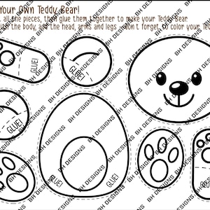 May include: A black and white DIY teddy bear craft kit. The kit includes cut-out shapes for the bear's body, head, arms, and legs, with instructions to cut, glue, and assemble. Text reads "Build Your Own Teddy Bear!"
