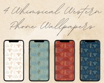 Set of Four Whimsical Western Digital Wallpapers for Phones and Tablets | Instant Download