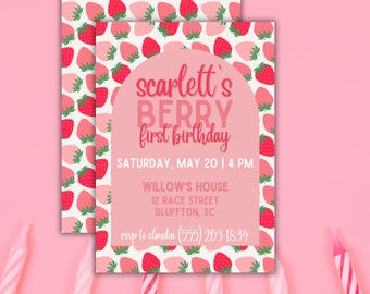 Strawberry First Birthday Invitation: Pink & Red, Editable in Canva (Digital Download)