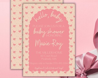 Pink Bow Baby Shower Invitation Template: Scallop Arch (Digital Download)