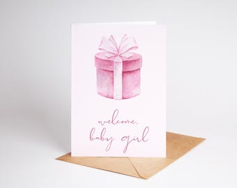 Watercolor Baby Shower Card: Pink Gift Box (Digital Download)