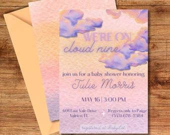 On Cloud Nine Golden Hour Sunset Baby Shower Invitation Template Coral Orange Pink Purple Instant Digital Download Edit in Canva
