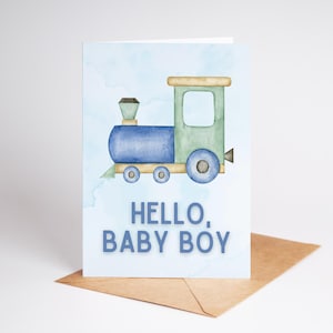 Cartão de chá de bebê para impressão Download instantâneo Cartão de felicitações em branco dobrável 5x7 Imprimir em casa Presente Multiuso Design de trem em aquarela