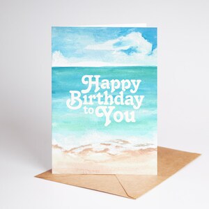 Cartão de aniversário para impressão Download instantâneo Cartão de felicitações em branco dobrável 5x7 Imprimir em casa Presente Aquarela Cena de praia