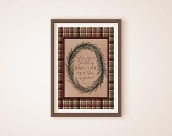 Christmas Art Print Digital Download Plaid Traditional Watercolor Design Original Art Bible Verse