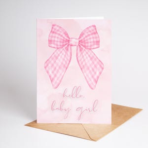 Cartão de chá de bebê para impressão Download instantâneo Cartão de felicitações em branco dobrável 5x7 Imprimir em casa Presente Multiuso Aquarela Rosa Gingham Bow