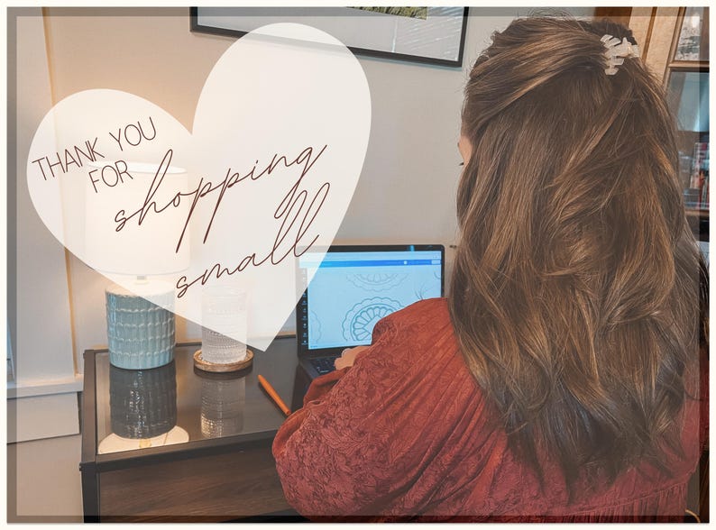 May include: A woman working on a laptop computer with a heart-shaped graphic overlay that says "Thank you for shopping small".