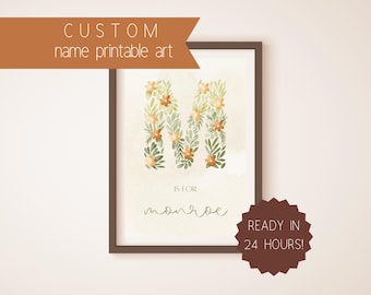 Custom Floral Initial Name Print: Watercolor Nursery Art (Digital Download)