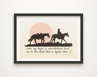 Lámina con versículo bíblico de vaquera y caballo: Decoración rústica para habitación infantil (descarga digital)