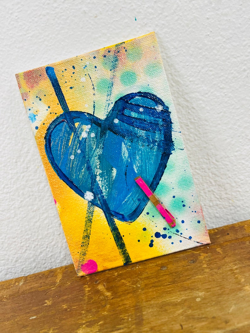 Heart Gift, Love Gift, Friend Gift, Blue Heart, Mixed Media, Collage, Home Office Decor, Mother's Day Gift, Anniversary, Vintage Gift image 1
