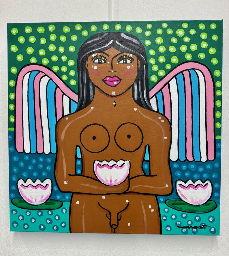 May include: A vibrant painting of a nude figure with brown skin, black hair, and pink lips. The figure has colorful wings and is holding a lotus flower. The background features a green and blue dotted pattern, with two additional lotus flowers.