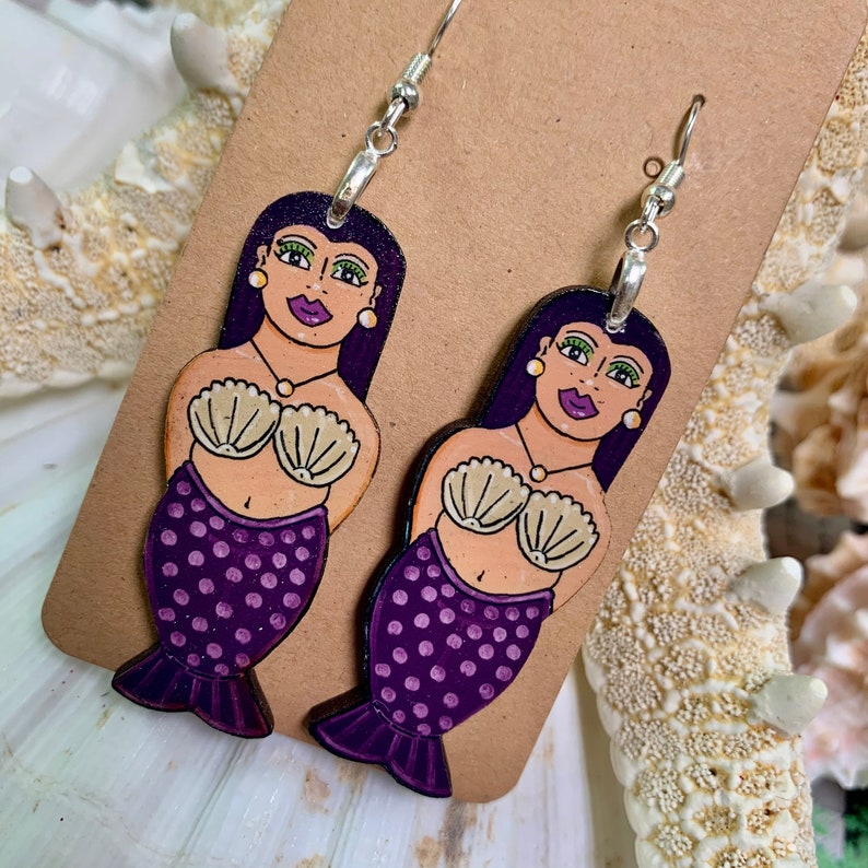 Mermaid Earrings, Mermaid Gift, Boho Style, Beach Lover, Gifts for Her, Gifts Under 20, Pices Gift, Purple Jewelry, Art Jewelry, Funky Style image 1