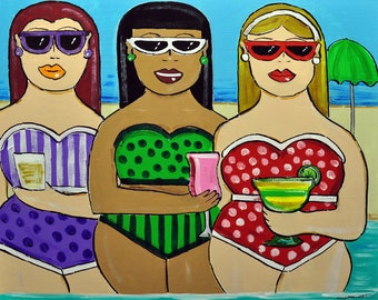 Best Friend Art, Sisters Art, Beach Girls Art Print, Love Your Curves, Beach Decor, Coastal Style, Curvy Woman Art, Body Positive Art