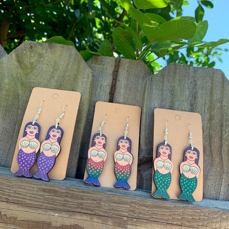 Mermaid Earrings, Mermaid Gift, Boho Style, Beach Lover, Gifts for Her, Gifts Under 20, Pices Gift, Purple Jewelry, Art Jewelry, Funky Style image 3