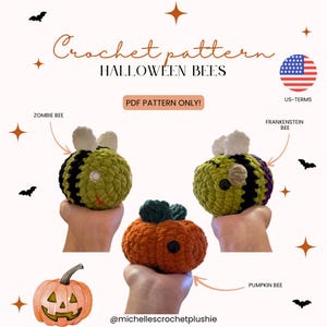 Könnte beinhalten: Bild eines Häkelmusters für Halloween-Bienen und einen Kürbis. Das Muster enthält Anleitungen für eine Zombie-Biene, eine Frankenstein-Biene und eine Kürbis-Biene. Das Bild enthält den Text "Crochet pattern HALLOWEEN BEES PDF PATTERN ONLY!"