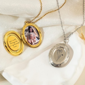 Photo Locket Necklace with Birth Flower, Personalized Engraved Flower Locket, Memorial Gift, Gift for Mom, Anniversary Gift, Mother Day Gift