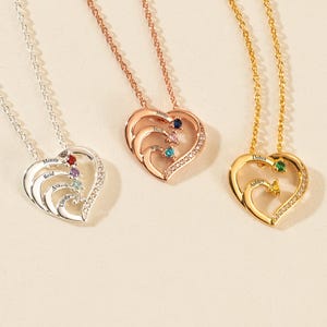 Engraved Family Names Necklace, Multiple Birthstone Heart Necklaces, Mother&#39;s Day Gifts for Mom, Heart Name Jewelry, Child&#39;s Name Necklace
