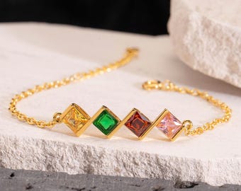Personalized Family Birthstone Bracelet, Birthstone Jewelry, Square Birthstone Bracelet, Gold Bracelet for Mum,Grandma Jewelry,Birthday Gift
