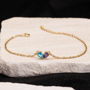 Custom Heart Birthstone Bracelet, Two Birthstones Bracelet, Ruby Jewelry, Mum Daughter Bracelet, Lovers Birthstone, Chrismas Gift for Mom