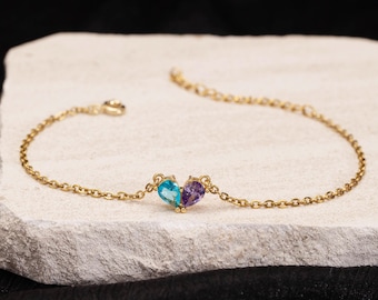 Custom Heart Birthstone Bracelet, Two Birthstones Bracelet, Ruby Jewelry, Mum Daughter Bracelet, Lovers Birthstone, Chrismas Gift for Mom