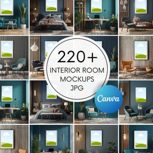 Może przedstawiać: Kolaż makiet wnętrz, z których każda zawiera oprawiony wydruk krajobrazu. Pokoje prezentują różne aranżacje mebli i dekoracji, z naciskiem na nowoczesny design. Obraz zawiera tekst "220+ INTERIOR ROOM MOCKUPS JPG" oraz logo Canva.