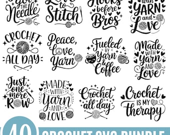 May include: A collection of black and white crochet-themed SVG designs. The designs include phrases like "Love to Stitch," "Hooks before Bros," and "Crochet is my therapy." The image also includes the text "40 Crochet SVG Bundle."