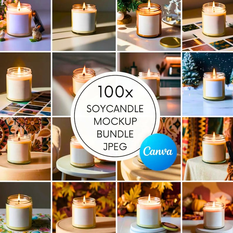May include: A collection of lit soy candles in glass jars with blank white labels. The candles are in various settings, including near plants and on tables. The image includes the text "100x SOYCANDLE MOCKUP BUNDLE JPEG Canva".