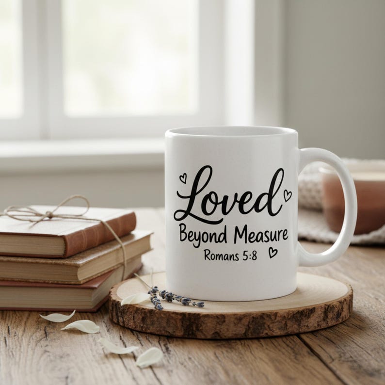 K&ouml;nnte beinhalten: Wei&szlig;e Keramiktasse mit den Worten "Loved Beyond Measure" und "Romans 5:8" in schwarzer Schrift. Die Tasse steht auf einem Holzuntersetzer, mit B&uuml;chern und dekorativen Elementen im Hintergrund.