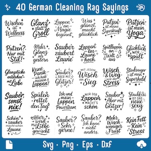 May include: A digital graphic with 40 German cleaning rag sayings in a variety of fonts. The phrases are in white text on a dark blue background. The image includes file type options: SVG, PNG, EPS, and DXF.