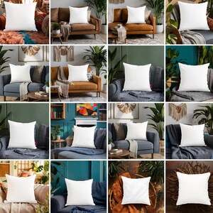 May include: A collection of square, white throw pillows displayed on various sofas and chairs. The pillows are plain and appear to be made of a soft fabric. The settings include living rooms with plants and decorative elements.