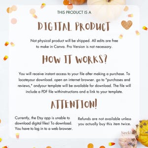 K&ouml;nnte beinhalten: Ank&uuml;ndigung eines digitalen Produkts mit Text auf wei&szlig;em Hintergrund, dekoriert mit orangefarbenen und gelben Konfetti und K&uuml;rbissen. Der Text enth&auml;lt "DIGITAL PRODUCT", "HOW IT WORKS?" und "ATTENTION!" mit Download-Anweisungen.