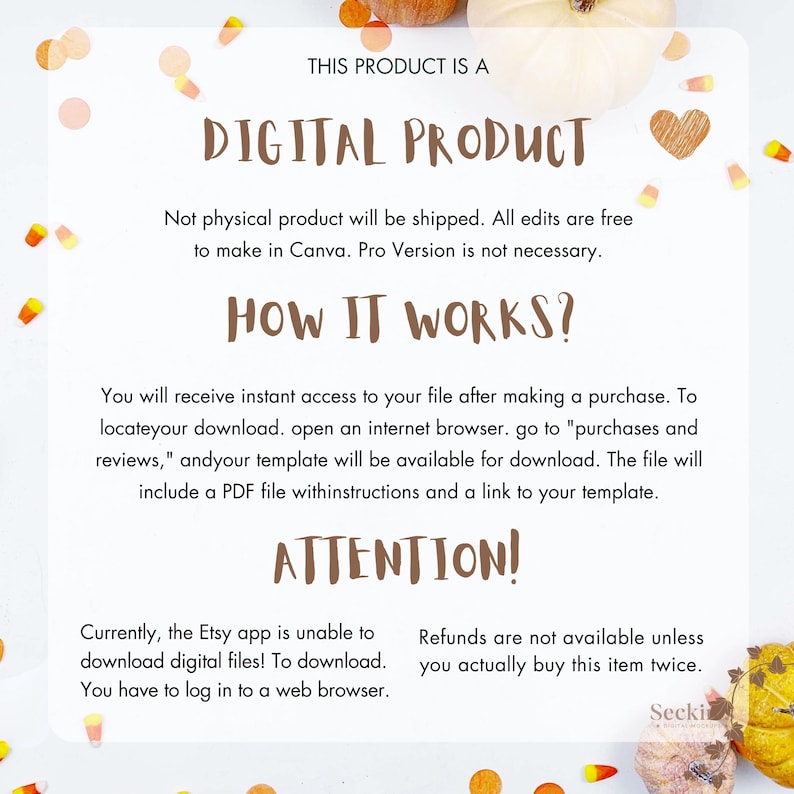 K&ouml;nnte beinhalten: Ank&uuml;ndigung eines digitalen Produkts mit Text auf wei&szlig;em Hintergrund, dekoriert mit orangefarbenen und gelben Konfetti und K&uuml;rbissen. Der Text enth&auml;lt "DIGITAL PRODUCT", "HOW IT WORKS?" und "ATTENTION!" mit Download-Anweisungen.