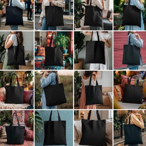 May include: A collection of black tote bags, each with long handles, displayed in various settings. The bags are made of a solid, dark fabric and are shown being carried by different people. The bags appear to be empty and ready for use.