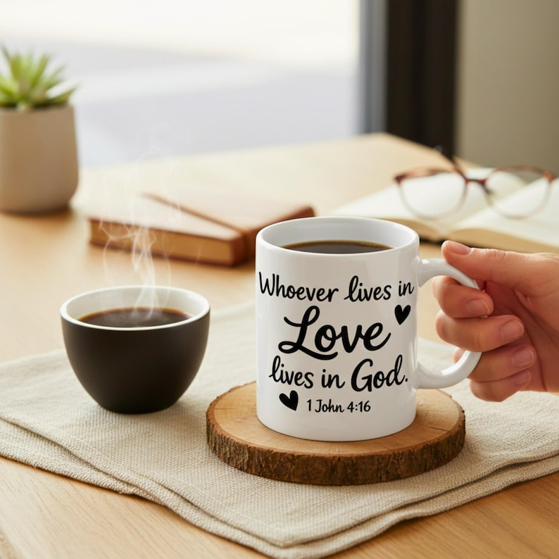K&ouml;nnte beinhalten: Eine wei&szlig;e Keramik-Tasse mit Kaffee, mit dem Text "Whoever lives in Love lives in God" und einem Bibelvers. Die Tasse steht auf einem Holzuntersetzer, neben einer kleinen schwarzen Kaffeetasse und einer Sukkulentenpflanze.