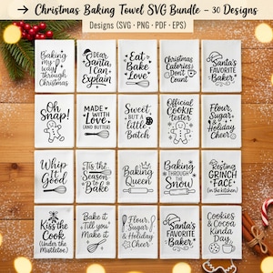 Puede incluir: Un conjunto de paños de cocina blancos con temática navideña, con texto y gráficos en negro. Cada paño presenta una frase festiva diferente, como "Baking my way through Christmas". Los paños están dispuestos sobre una superficie de madera.