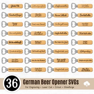 Puede incluir: Un conjunto de 36 abridores de botellas de madera con tapas de metal plateado, cada uno grabado con una frase alemana diferente. La imagen también incluye el texto "German Beer Opener SVGs" e instrucciones de uso.