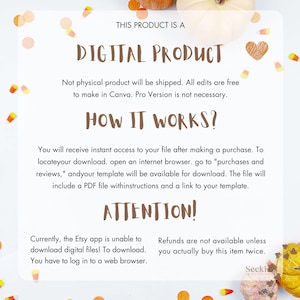 May include: A digital product announcement with text on a white background, decorated with orange and yellow confetti and pumpkins. The text reads "DIGITAL PRODUCT" and explains how the product works and provides an attention notice about Etsy downloads.