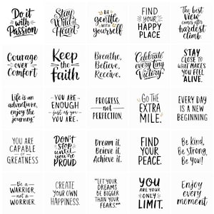 May include: A grid of black and white motivational quotes in different fonts. Phrases include "Do it with Passion," "Stay Wild at Heart," and "Find Your Happy Place." The quotes are arranged in a grid.