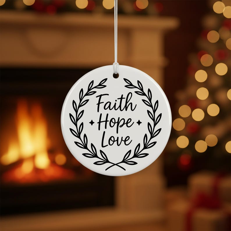 May include: A white, round Christmas ornament with the words "Faith Hope Love" in black script, surrounded by a black laurel wreath design. The ornament hangs from a white string, with a blurred background of a fireplace and Christmas tree.