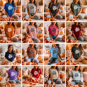 May include: A collection of t-shirts in various colors, each featuring the text "Your Design Here" in a stylized font. The shirts are displayed on models in a cozy setting with fall-themed decor, including pumpkins and patterned pillows.
