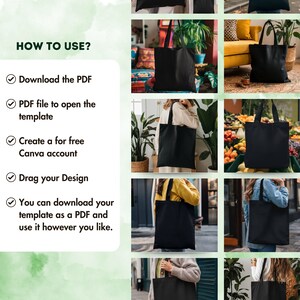 May include: A collection of black tote bags displayed in various settings. The bags are shown in different environments, including a home, a market, and outdoors. Text on the left side reads "HOW TO USE?" followed by instructions on how to use a PDF template.