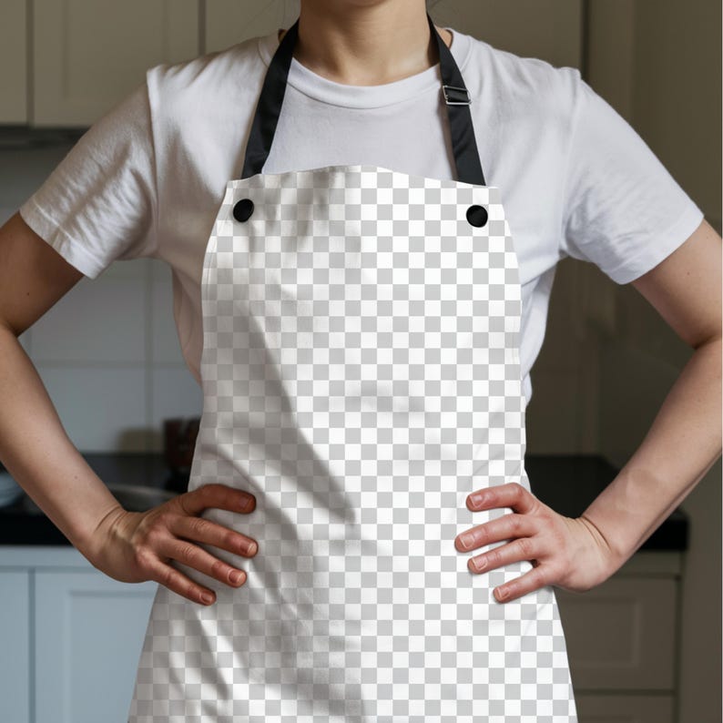 K&ouml;nnte beinhalten: Wei&szlig;er Sch&uuml;rze mit einem karierten Muster, schwarzen Tr&auml;gern und schwarzen Kn&ouml;pfen. Die Sch&uuml;rze wird &uuml;ber einem wei&szlig;en T-Shirt getragen. Die Sch&uuml;rze ist f&uuml;r den K&uuml;chengebrauch bestimmt.