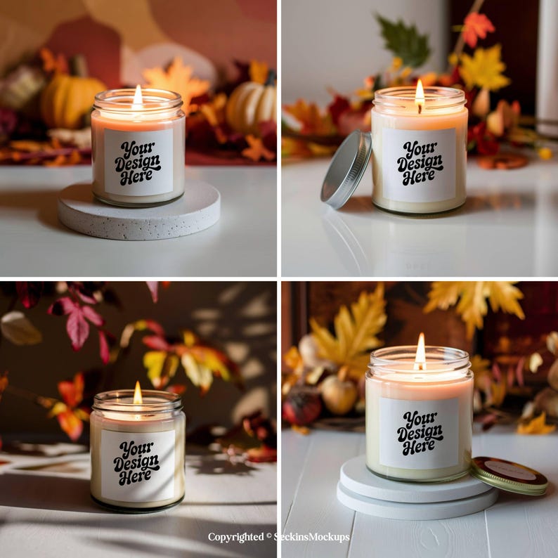 May include: A lit candle in a clear glass jar with a silver lid. The candle has a white label with the text "Your Design Here". The background includes fall leaves and pumpkins, suggesting a seasonal theme.