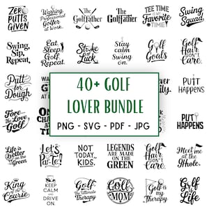 Op de afbeelding: Een verzameling golf-thema ontwerpen in zwart en wit. De ontwerpen bevatten zinnen als "Zero Putts Given", "Swing Squad" en "Golf Goals". Een centrale banner luidt "40+ GOLF LOVER BUNDLE" met bestandstype-opties.