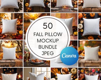 May include: A collection of 15 images featuring white square pillows. The images are arranged in a grid and are set against a fall-themed backdrop with pumpkins, leaves, and candles. Text in the center reads "50 Fall Pillow Mockup Bundle JPEG" with a "Canva" logo.