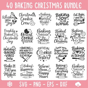 Op de afbeelding: Een verzameling van 40 kerstbakontwerpen in zwart en wit. De ontwerpen bevatten zinnen als "Baking Spirits Bright" en "Official Cookie Tester". De bundel is beschikbaar in SVG-, PNG-, EPS- en DXF-formaten.