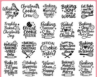 Op de afbeelding: Een verzameling van 40 kerstbakontwerpen in zwart en wit. De ontwerpen bevatten zinnen als "Baking Spirits Bright" en "Official Cookie Tester". De bundel is beschikbaar in SVG-, PNG-, EPS- en DXF-formaten.
