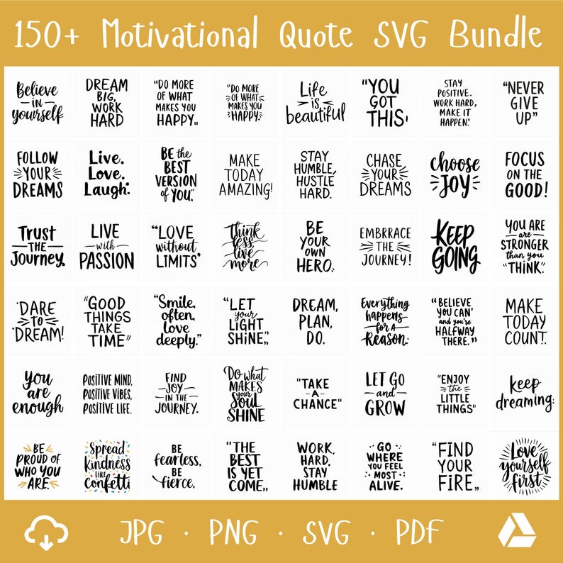 May include: A digital SVG bundle with 150+ motivational quotes in diverse fonts. Quotes include "Believe in yourself," "Dream Big," and "Find Your Fire." The image is a collection of inspirational text designs, ideal for crafting projects.