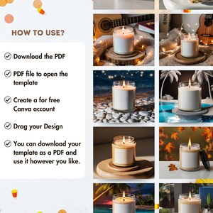 May include: A collage of lit candles in glass jars with white labels. The candles are on wooden coasters and set against various backgrounds, including a beach, autumn leaves, and a tropical scene. Text on the left reads "HOW TO USE?" with instructions.